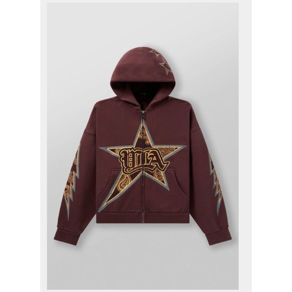 YoungLA Hoodie Mens 2XL Burgundy Zip Up Star Graphic Streetwear Sweatshirt New - Picture 1 of 4